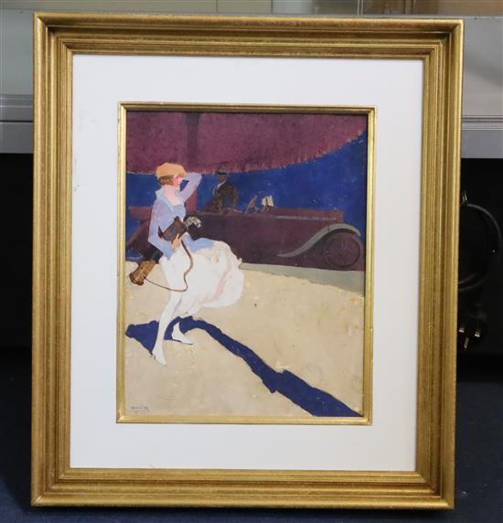 Peter Helck (American, 1893-1988) 1920s lady golfer and sports car 15 x 12in.